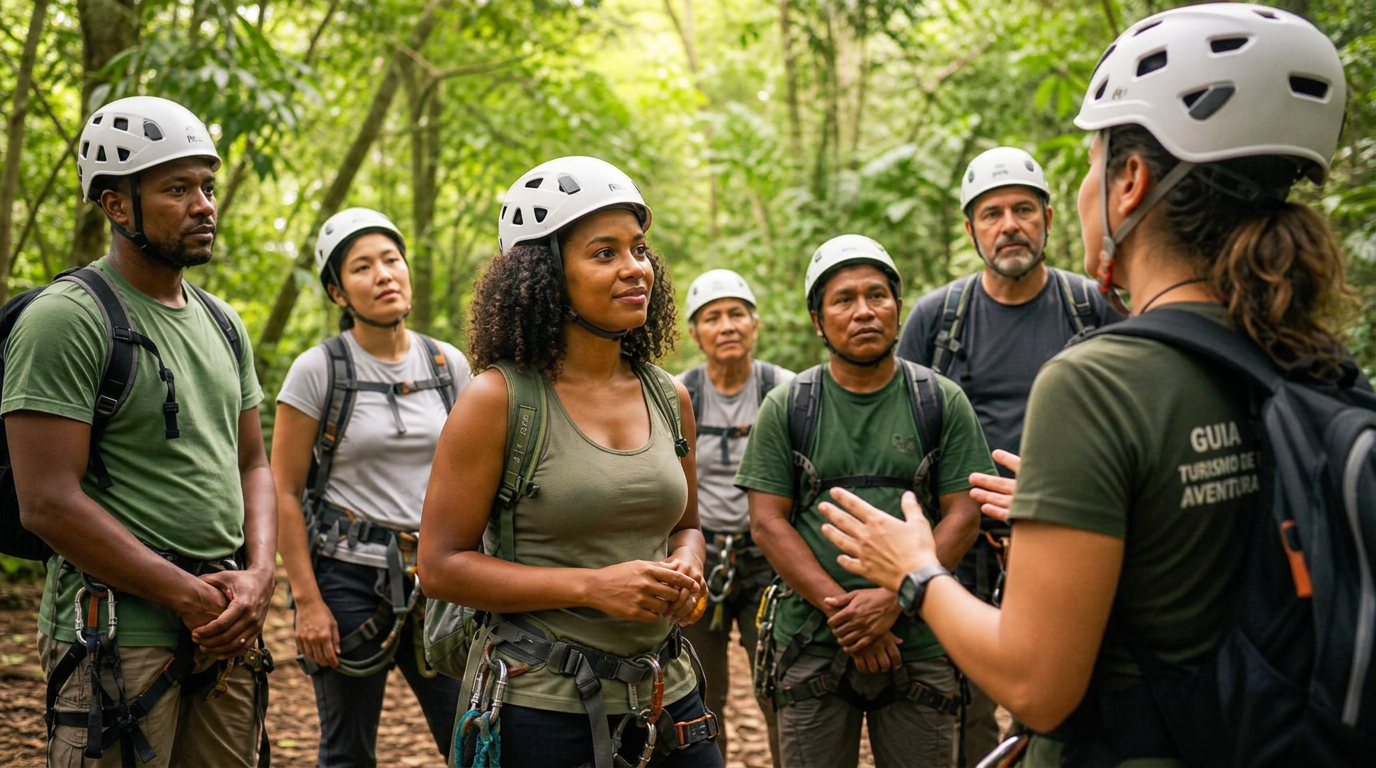 Grupo diverso de participantes em briefing de segurança de turismo de aventura na floresta